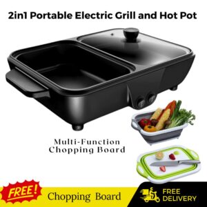 2-in-1 Portable Electric Grill & Hot Pot with Free Chopping Board